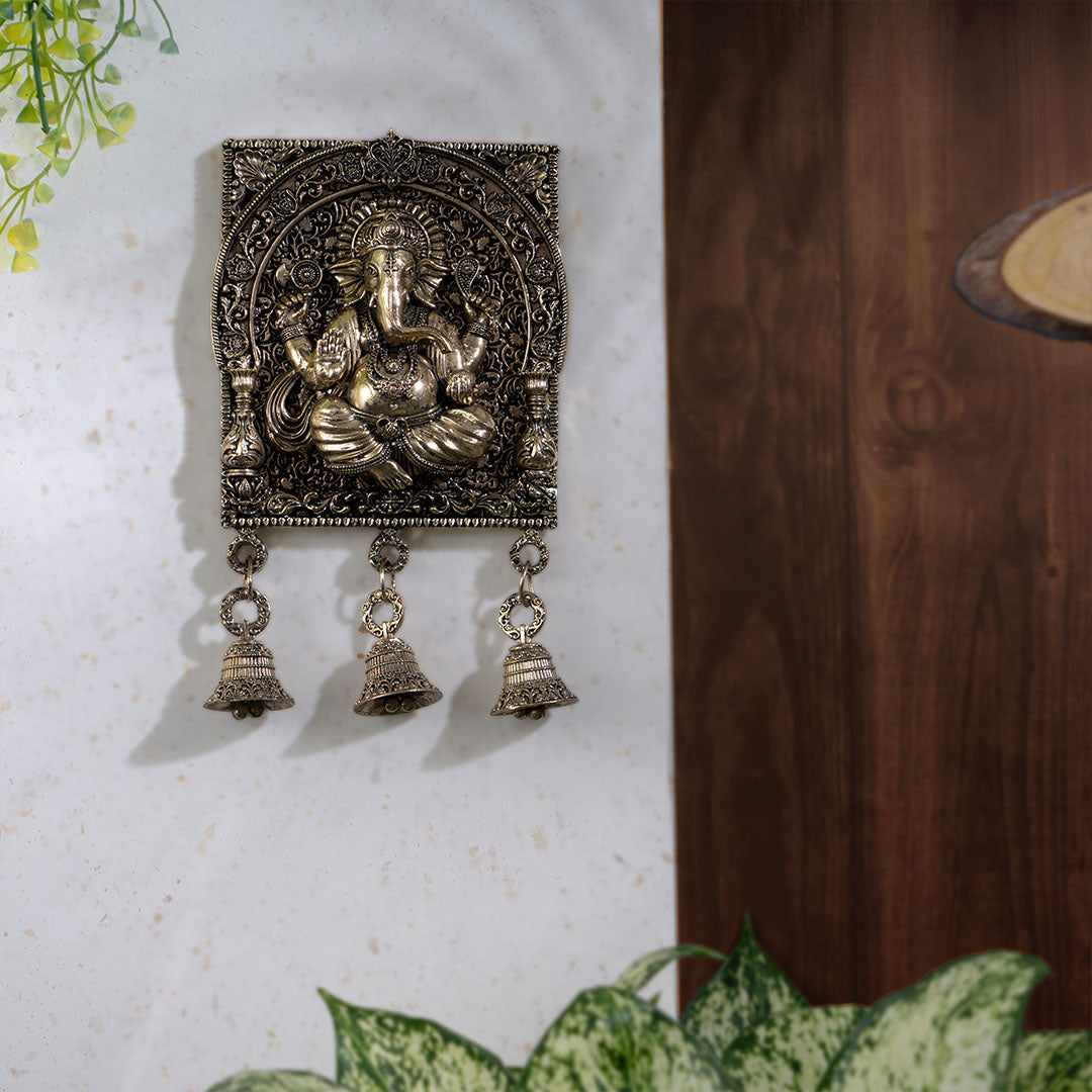 Brass Ganesh Square Frame Latkan with Bells