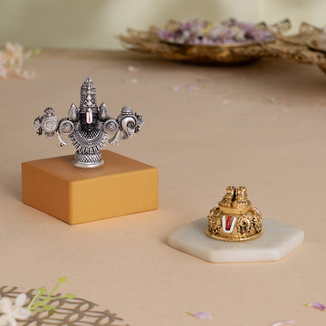 Lord Balaji Face Idol - Silver Plated (4 Inch) with Balaji Charan with Shanku Chakra Namam – Gold Plated (2 Inch) - Combo