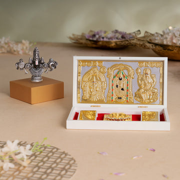 Lord Balaji Face Idol - Silver Plated (4 Inch) with Puskara Balaji Pocket Temple - Gold Plated (Small) - Combo