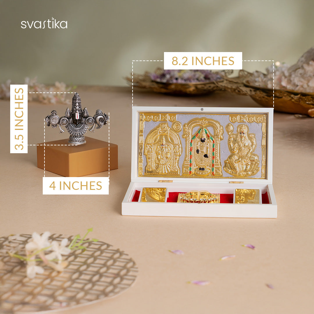 Lord Balaji Face Idol - Silver Plated (4 Inch) with Puskara Balaji Pocket Temple - Gold Plated (Small) - Combo