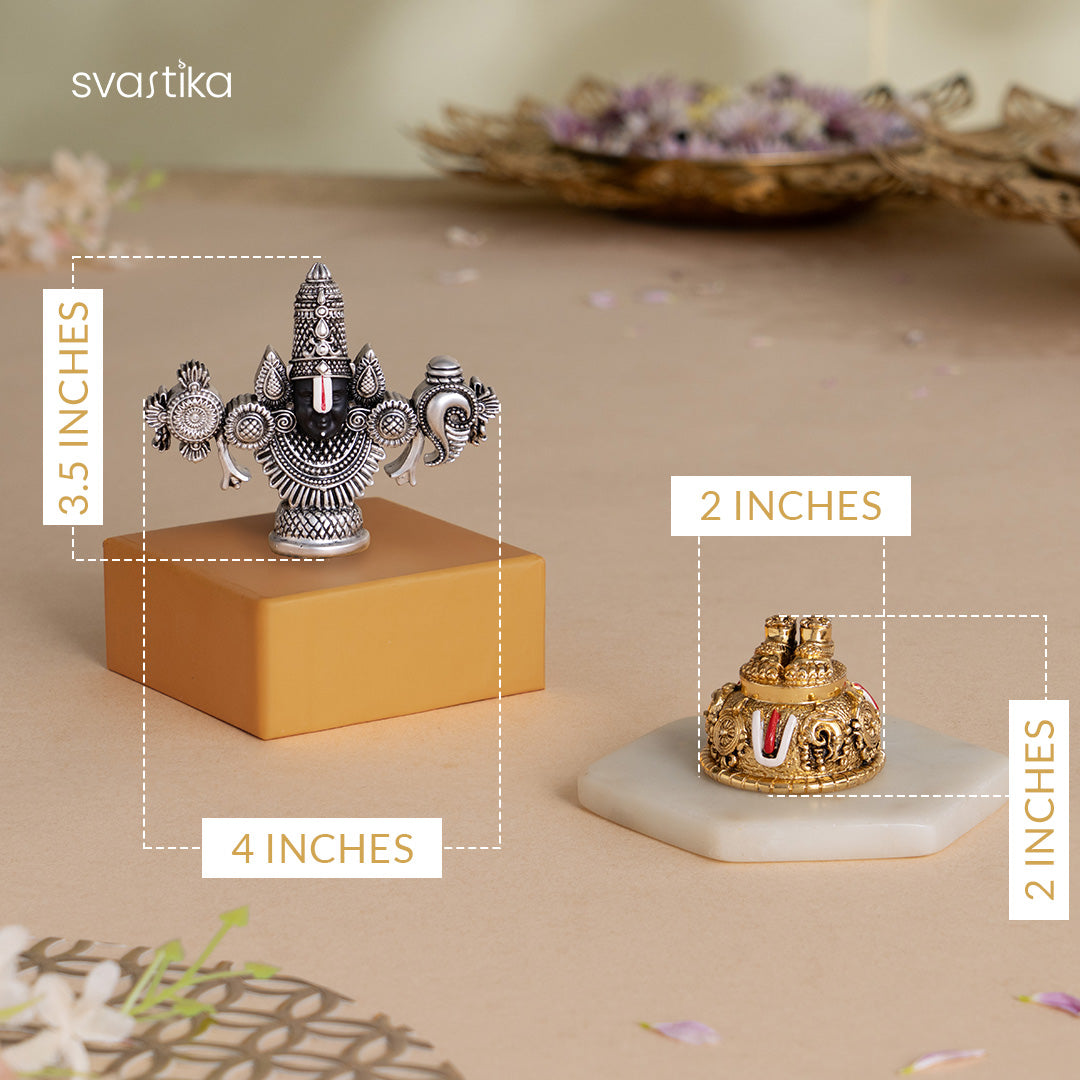 Lord Balaji Face Idol - Silver Plated (4 Inch) with Balaji Charan with Shanku Chakra Namam – Gold Plated (2 Inch) - Combo