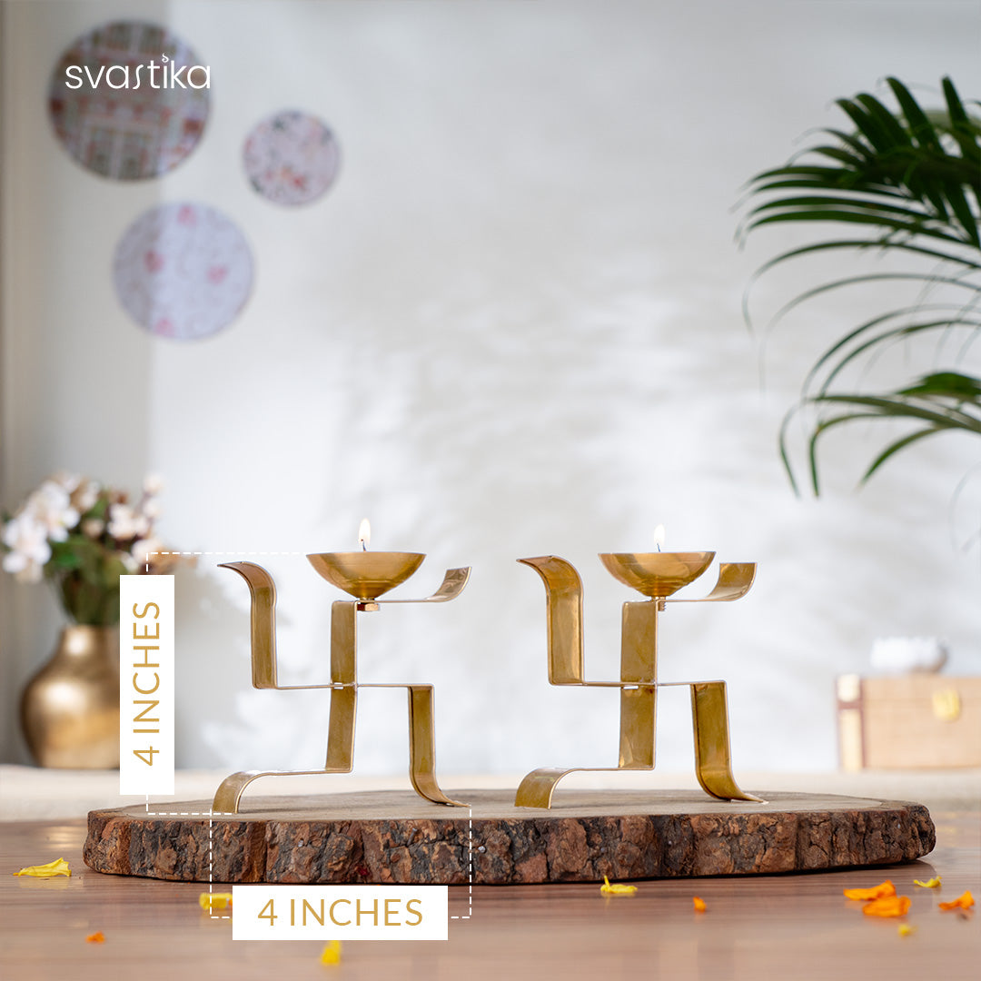 Brass Vertical Swastika Symbol Diyas (Set of 2) 4 inch