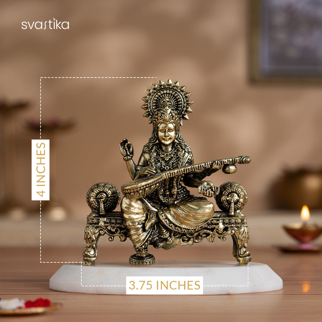 Brass Saraswati Idol Playing Veena On Singhasan 