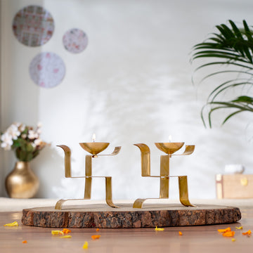 Brass Vertical Swastika Symbol Diyas (Set of 2)