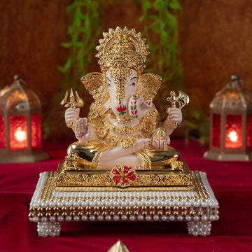 Dagdusheth Ganpati Murti With Chowki For Home - Gold Plated (7 Inch)
