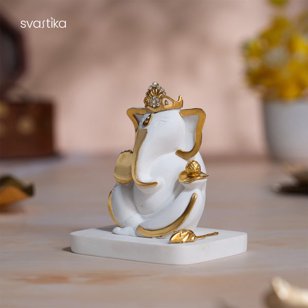 White & Gold Mukut Ganesh statue For Car Dashboard 