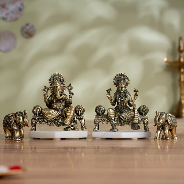 Brass Ganesh Lakshmi Elephant Pair Statue Set