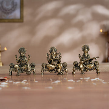 Brass Laxmi Ganesh Saraswati Murti Set (4 Inch)