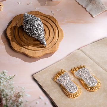 Ganesh Shankh (Conch) - Silver Plated (5 Inch) & Maa Lakshmi's Charan Paduka - Gold & Silver Plated (3 Inch) – Combo