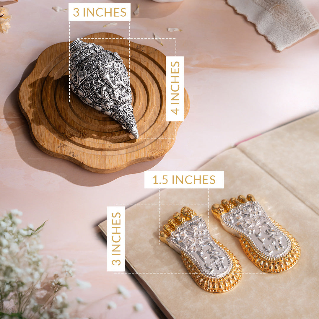 Ganesh Shankh (Conch) - Silver Plated (5 Inch) & Maa Lakshmi's Charan Paduka - Gold & Silver Plated (3 Inch) – Combo