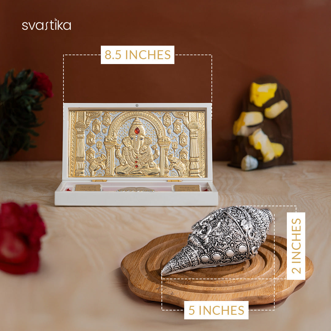 Ganesh Shankh (Conch) - Silver Plated (5 Inch) with Ganesha Pocket Temple - Gold Plated (Small) - Combo