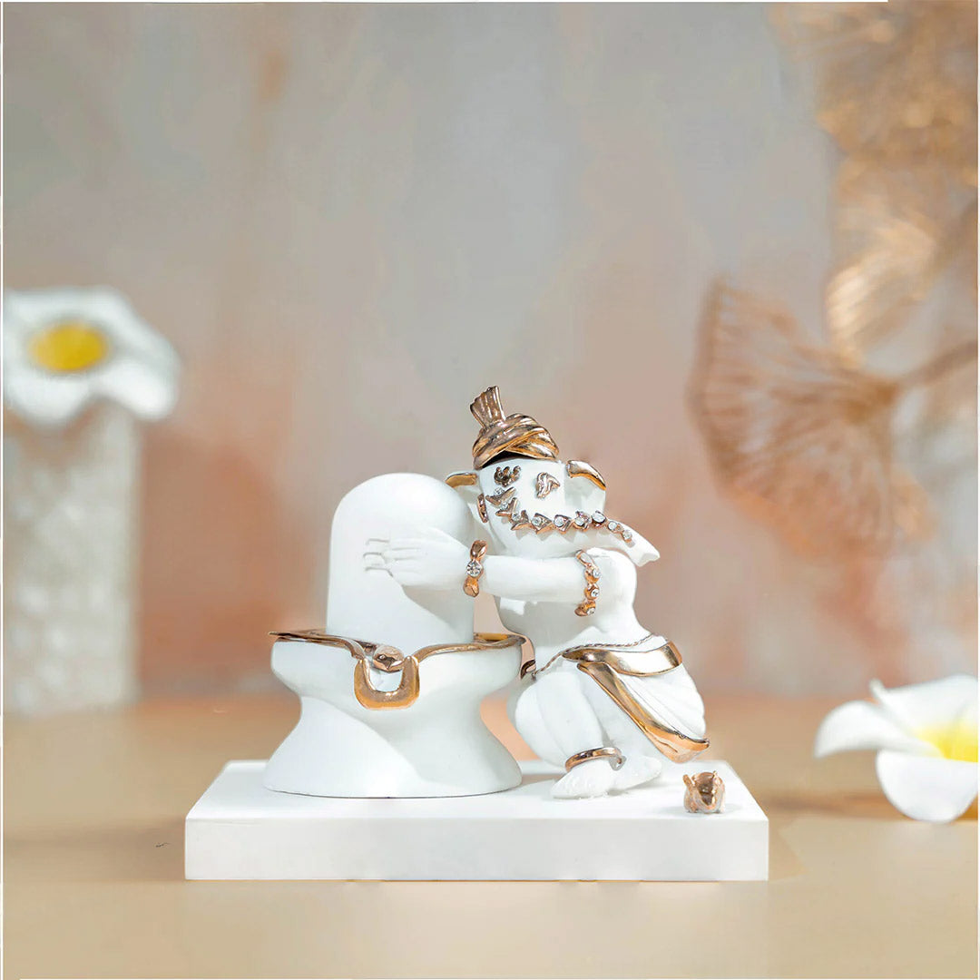 Luxurious White & Gold Ganesh With Shivling Gajanana Idol (4 Inch)