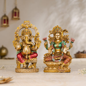 Ganesh Lakshmi Murti Pair – Antique Finish, 10 Inch