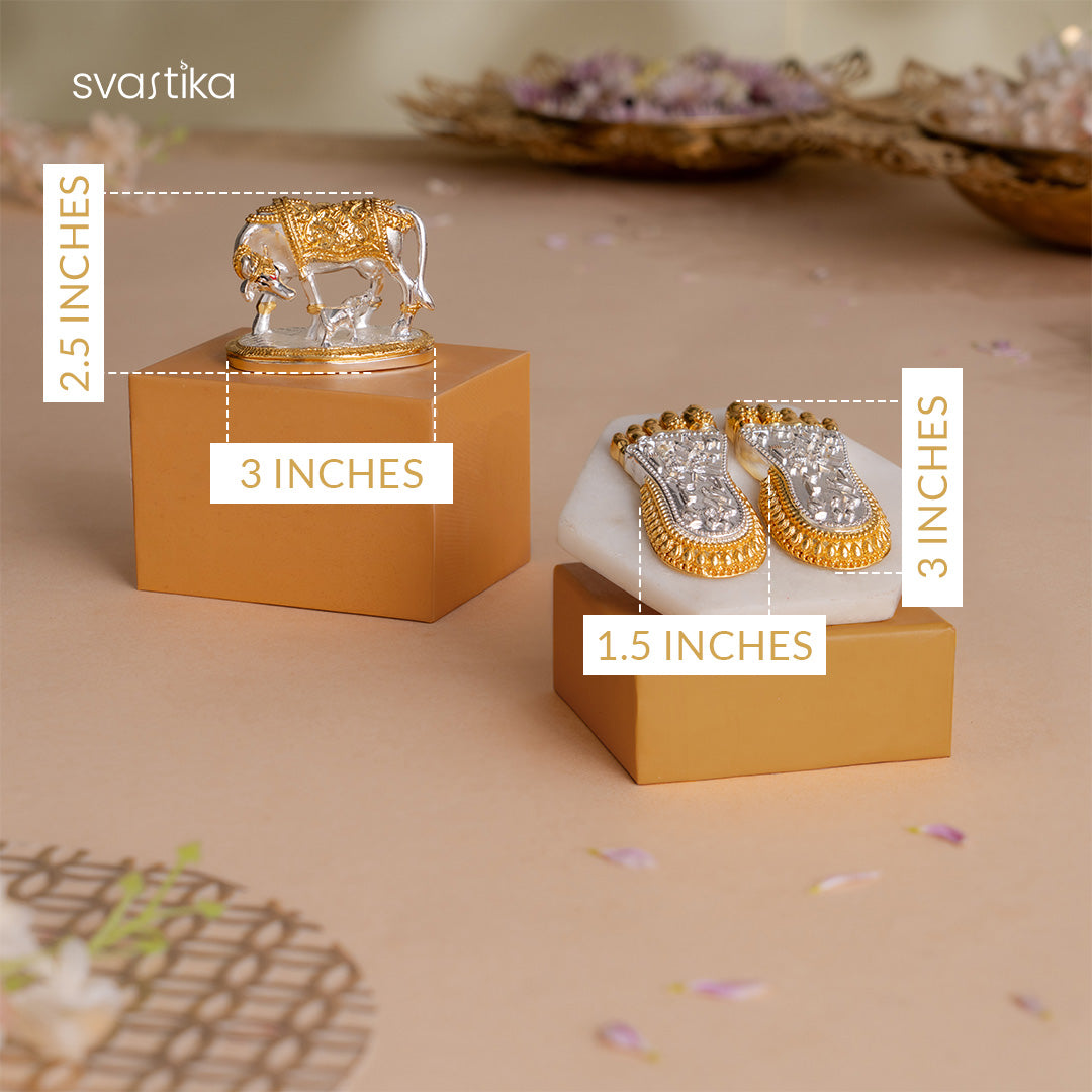 Kamdhenu Cow with Calf Idol - Gold & Silver Plated (2.5 inch) with Maa Lakshmi's Charan Paduka - Gold & Silver Plated (3 Inch) - Combo