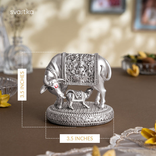 Silver Plated Kamdhenu Cow with Calf Idol 