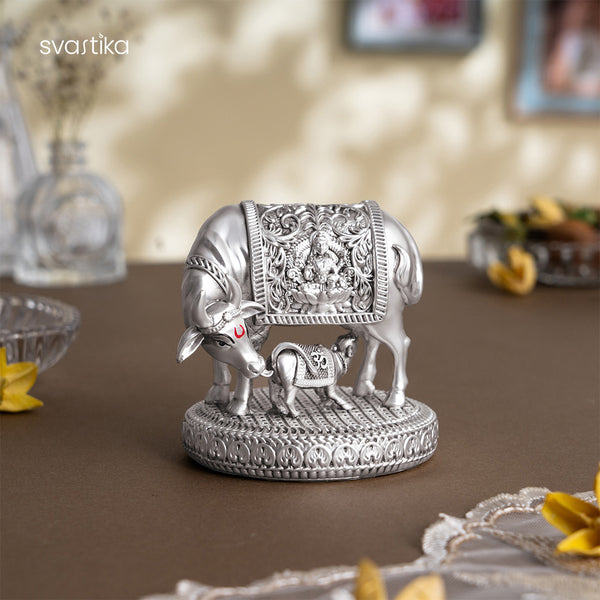 Silver Plated Kamdhenu Cow with Calf murti