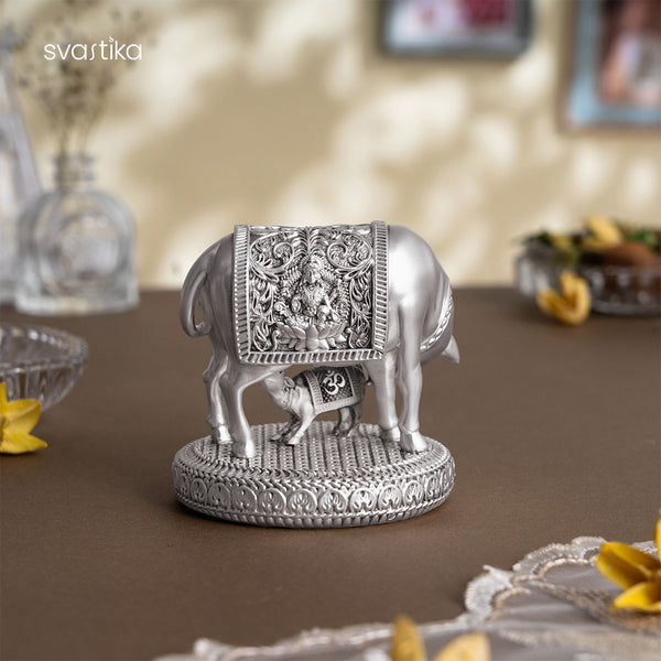 Silver Plated Kamdhenu Cow with Calf Idol 