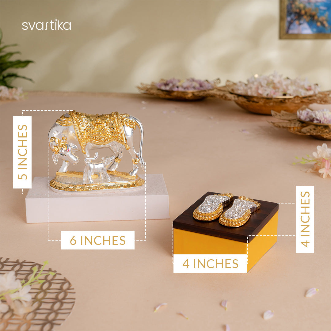 Kamdhenu Cow with Calf Idol - Gold & Silver Plated (5 Inch) with Maa Lakshmi's Charan Paduka on Elegant Base - Gold & Silver Plated - Combo