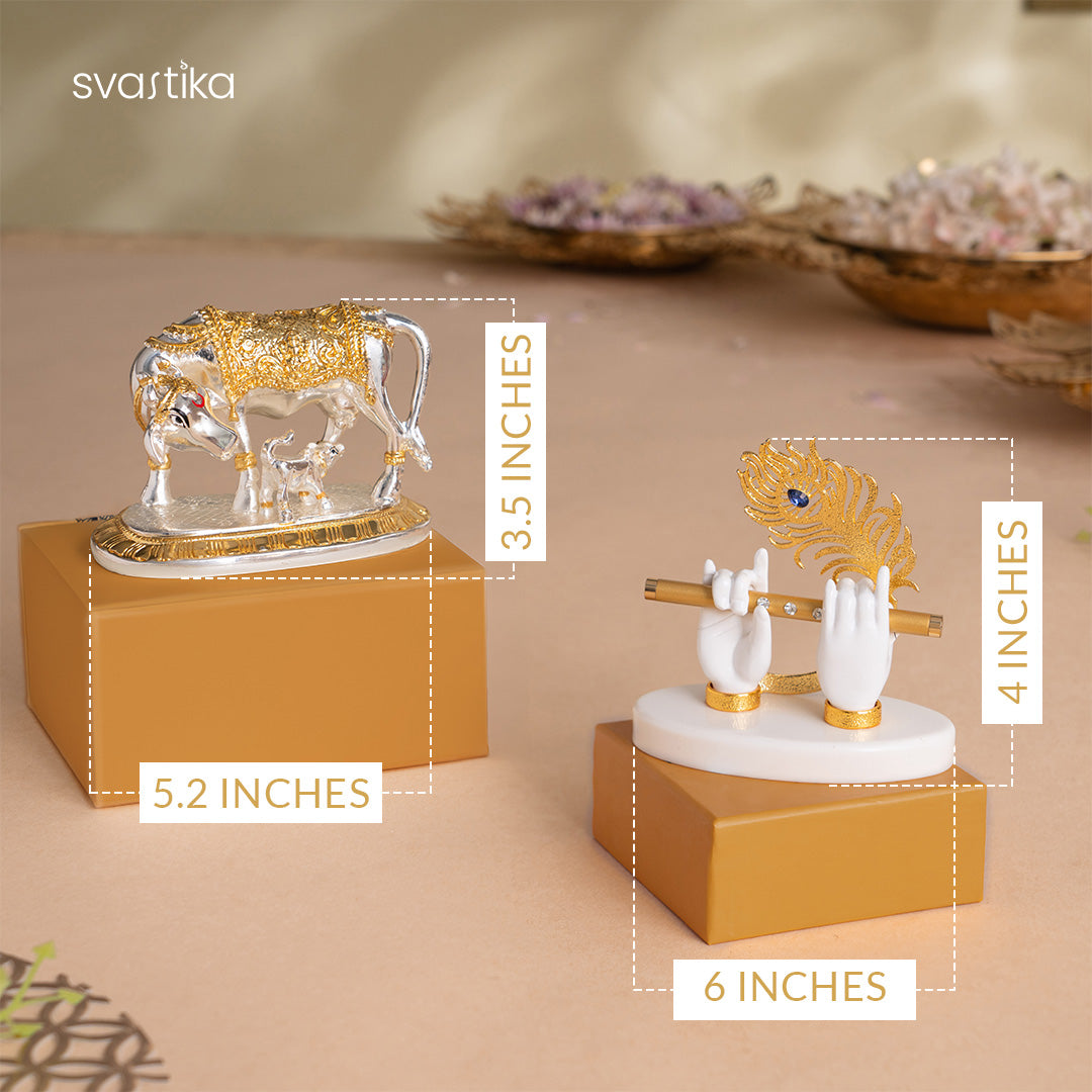 Kamdhenu Cow with Calf Idol - Gold & Silver Plated (3.5 Inch) with Lord Krishna's Divine Hands Idol For Car Dashboard - Gold Plated (3.5 Inch) - Combo