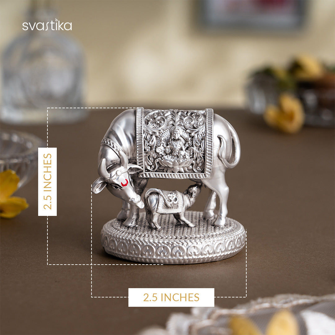 Kamdhenu Cow with Calf Idol -silver plated