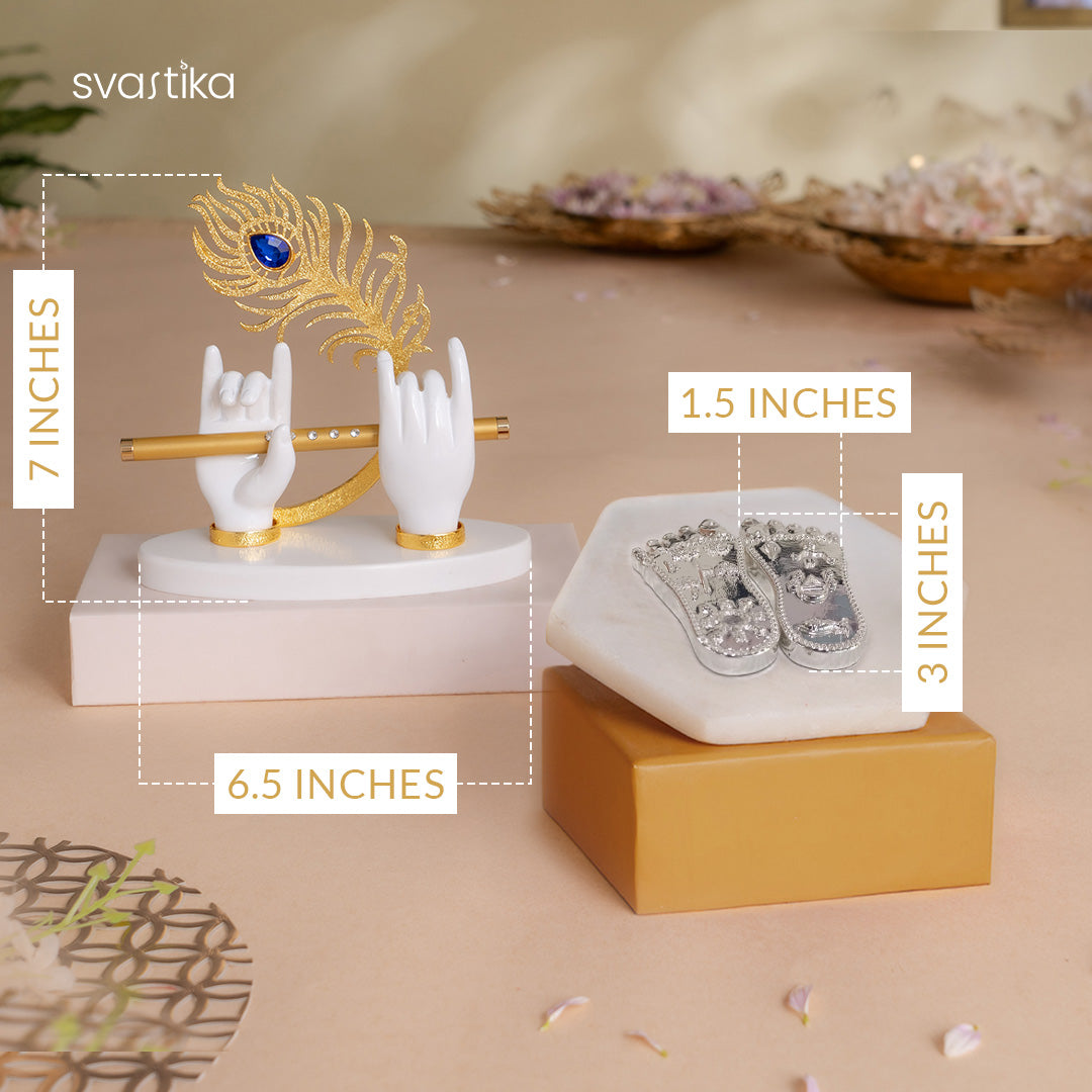 Lord Krishna's Divine Hands Idol - Gold Plated (7 Inch) with Shree Krishna's Charan Paduka (Lotus Feet) - Silver Plated (3 Inch) - Combo