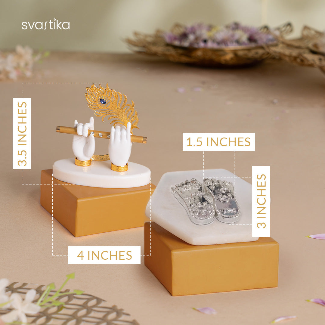 Lord Krishna's Divine Hands Idol - Gold Plated (3.5 Inch) with Shree Krishna's Charan Paduka (Lotus Feet) - Silver Plated (3 Inch) - Combo