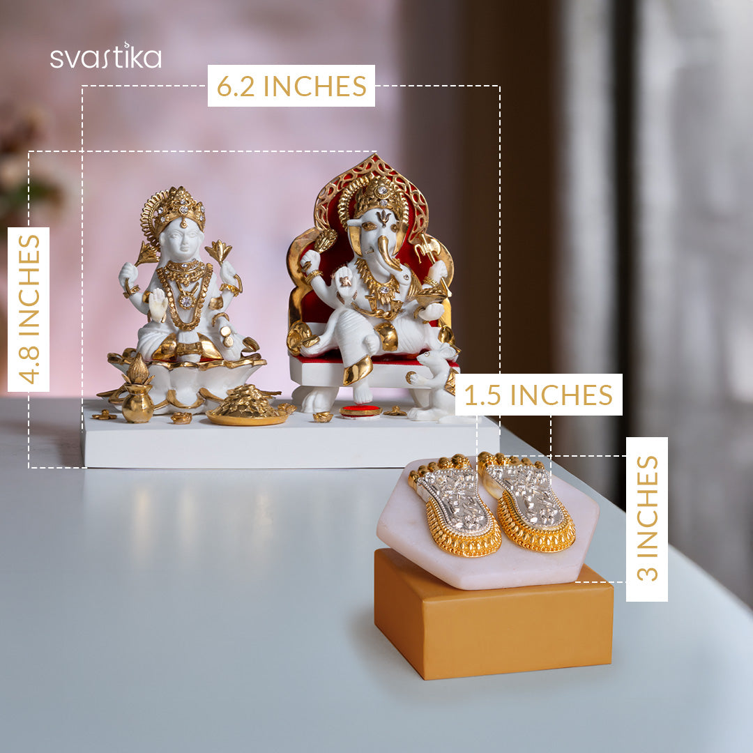 Maa Lakshmi's Charan Paduka - Gold & Silver Plated (3 Inch) with Exquisite White & Gold Lakshmi Ganesh Murti (6 inch) - Combo