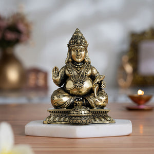 Brass Lord Kubera Statue with Mongoose (4 Inches)