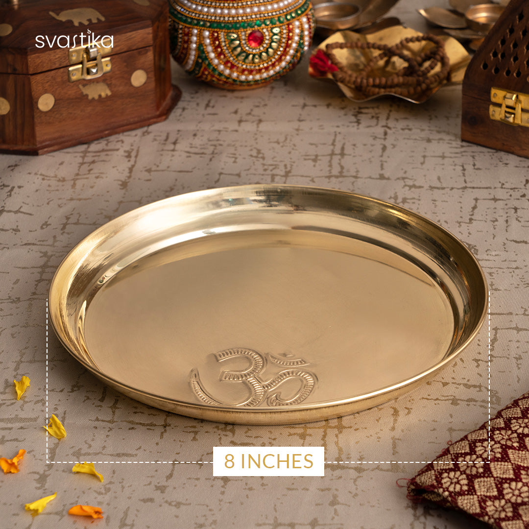Om engraved  Brass Pooja Thali with Aarti Diya 