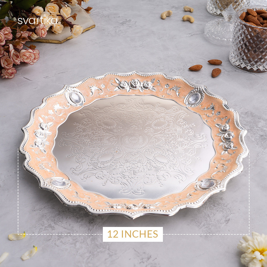 Peach Enamel German Silver Pooja Thali Set (12 Inch)