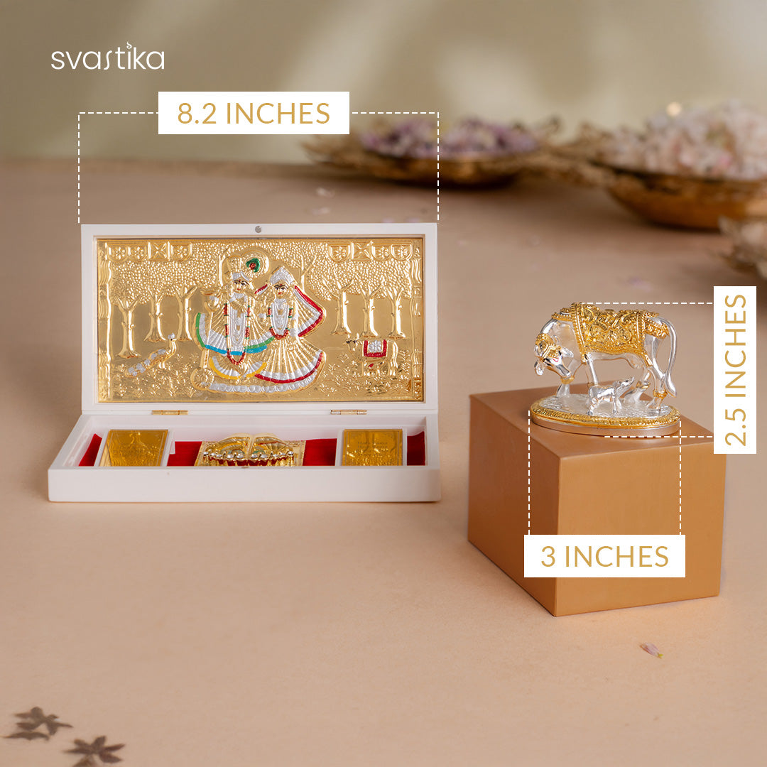 Kamdhenu Cow with Calf Idol - Gold & Silver Plated (2.5 inch) with Puskara Radhe Krishna Pocket Temple - Gold Plated (Small) - Combo