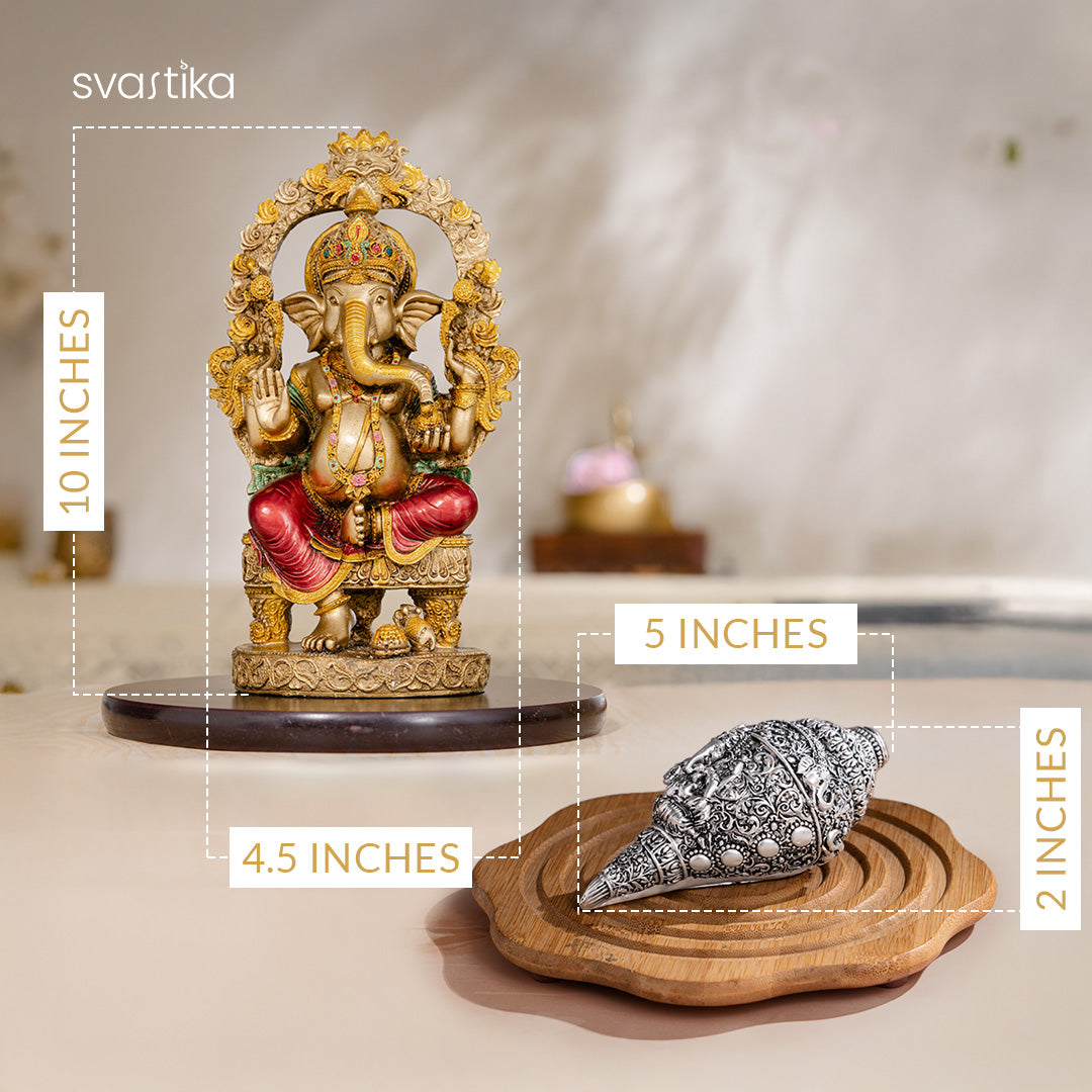 Rustic Ganesha Antique Murti (10 Inch) with Ganesh Shankh (Conch) - Silver Plated (5 Inch) - Combo