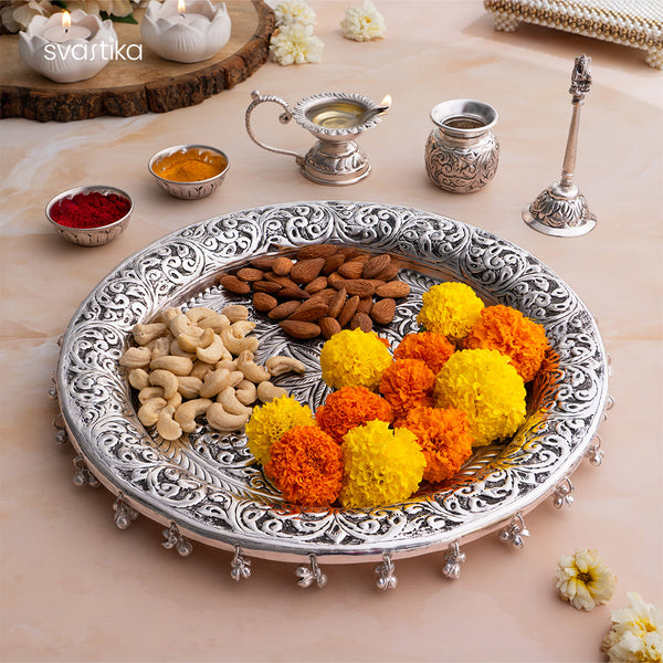 German Silver Pooja Thali Set with Ghungroo 