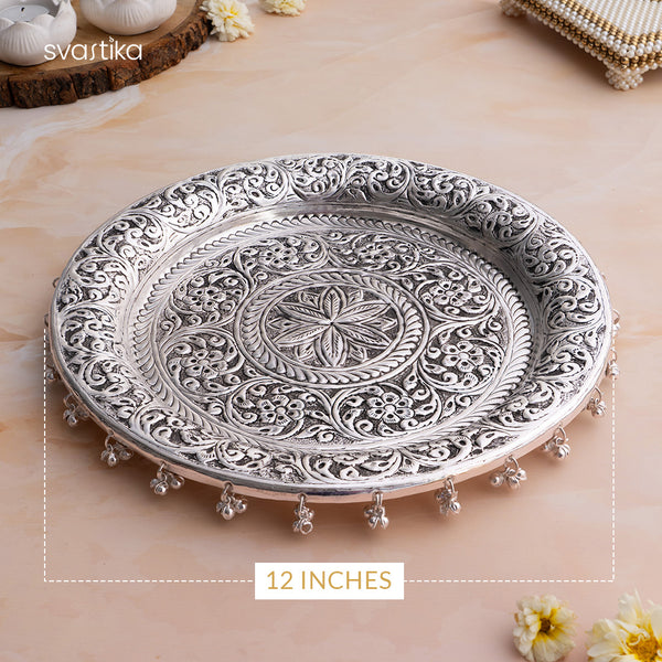 German Silver Pooja Thali Set with Ghungroo (12 Inch)