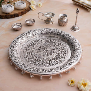German Silver Pooja Thali Set with Ghungroo (12 Inch)