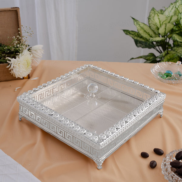 Sqaure Dry Fruit Box With Transparent Lid - German Silver (12 Inch)