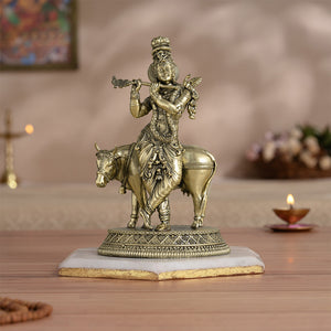Brass Standing Krishna Statue with Cow (7 Inch)