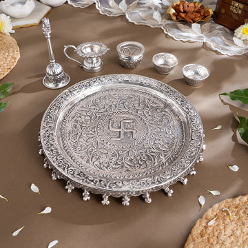 Swastik Engraved Pooja Thali -Silver Plated (10 Inch)