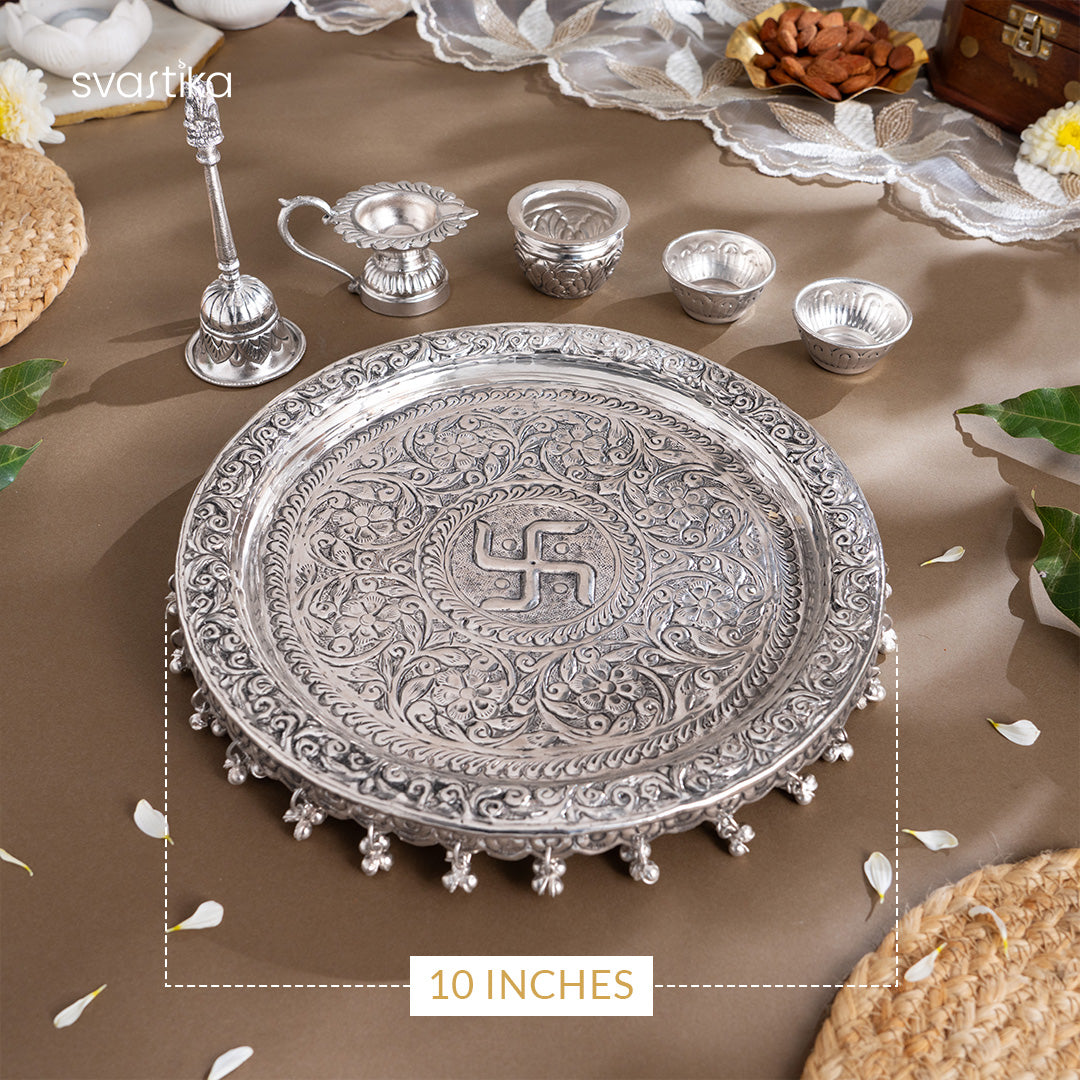 Swastik Engraved Pooja Thali -Silver Plated (10 Inch)