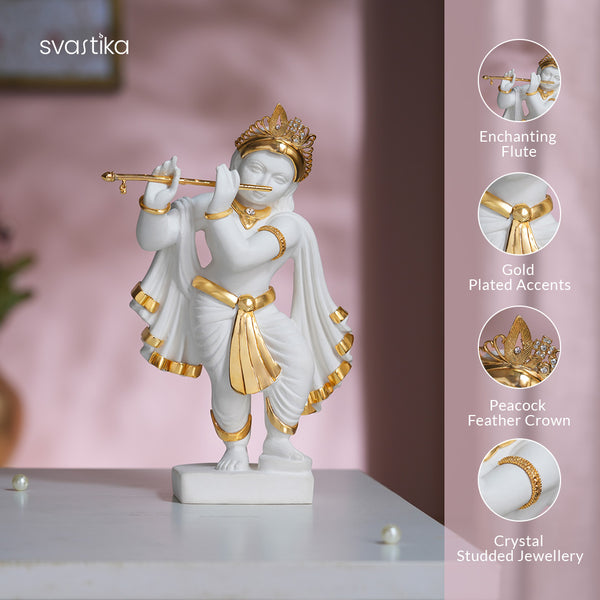 White & Gold Lord Krishna statue Playing Flute