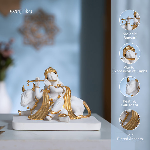 White & Gold Lord Krishna With Cow murti