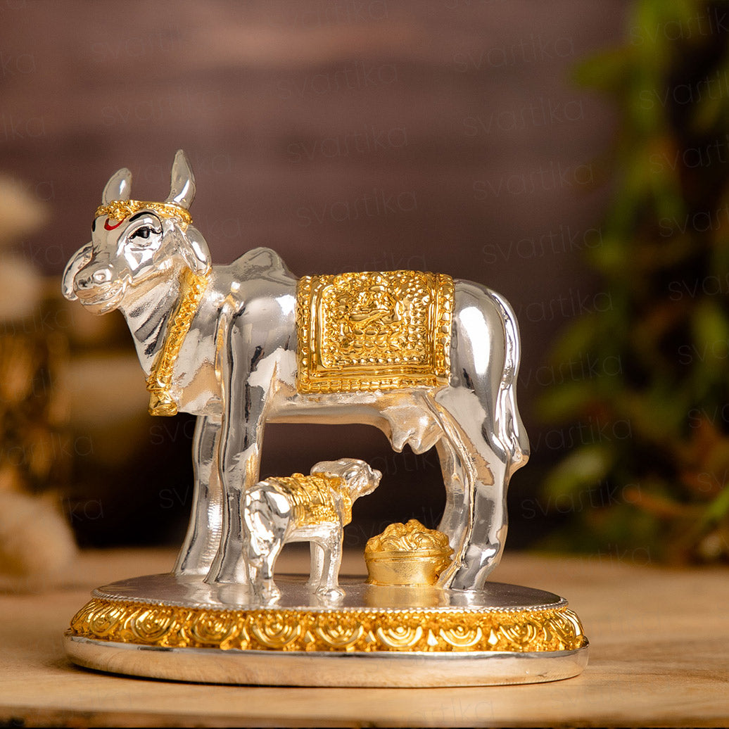 Wish Granting Kamdhenu Cow with Calf Idol | Pure Gold and Sliver Plated