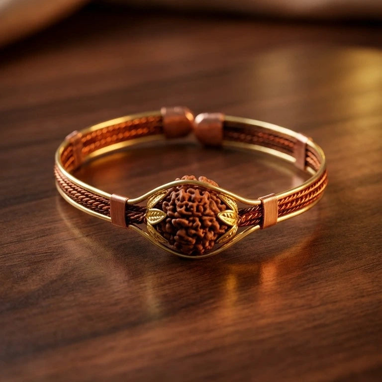 Bracelet with gold clasp and brown leather strap on a wooden surface