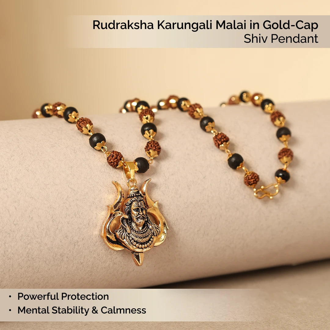 Rudraksha Karungali Malai in Gold-Cap with Shiv Pendant