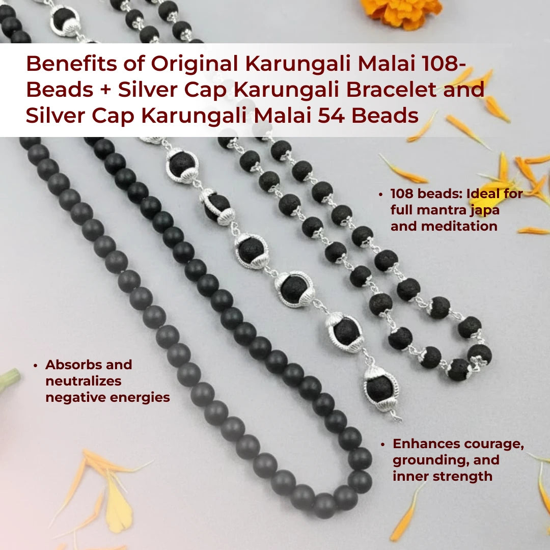 Original Karungali Malai 108-Beads + Silver Cap Karungali Bracelet and Silver Cap Karungali Malai 54 Beads with Govt. Certification