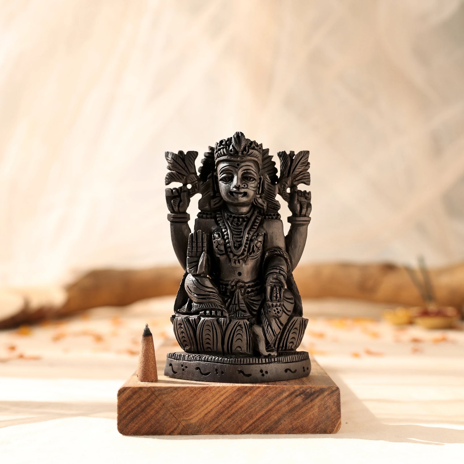 Divine Hindu Lakshmi Ji Karungali Idol on Lotus Base