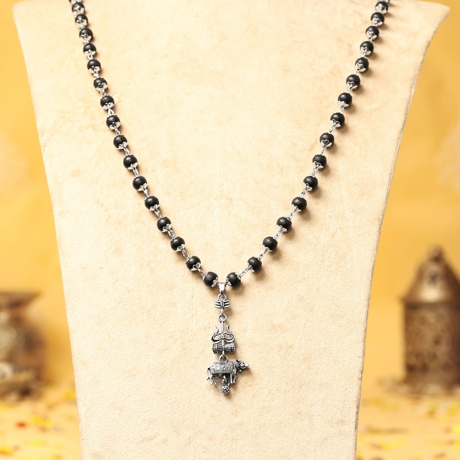Silver Cap Karungali Mala with Trishul Nandi Pendant