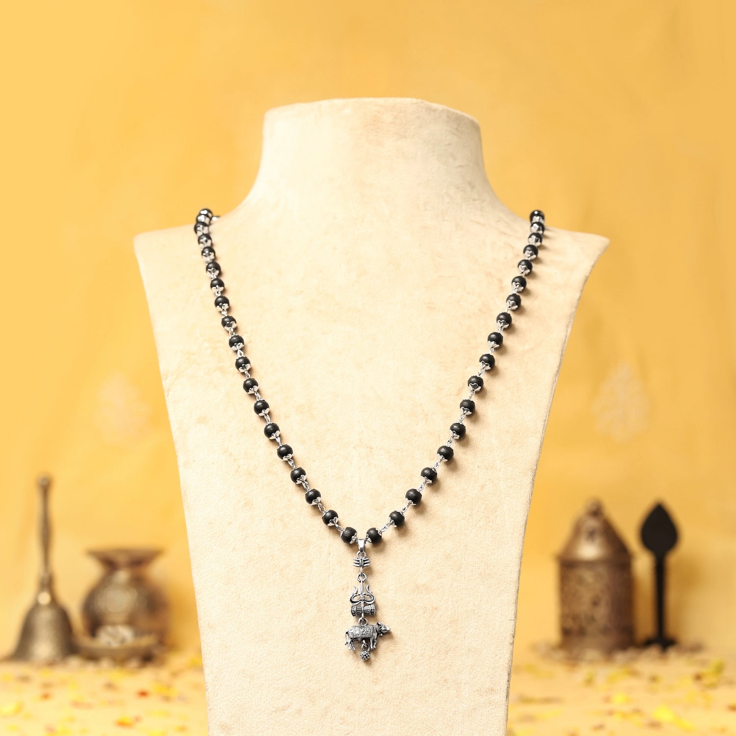 Silver Cap Karungali Mala with Trishul Nandi Pendant