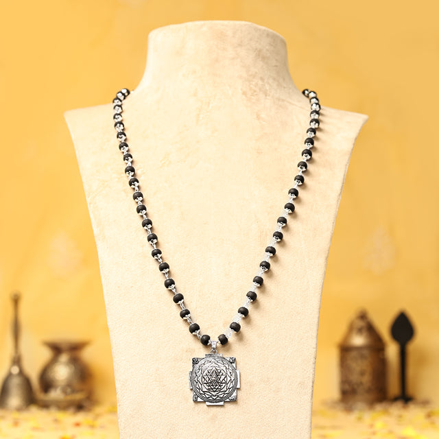 Silver-Capped Karungali Malai with Shree Yantra Pendant