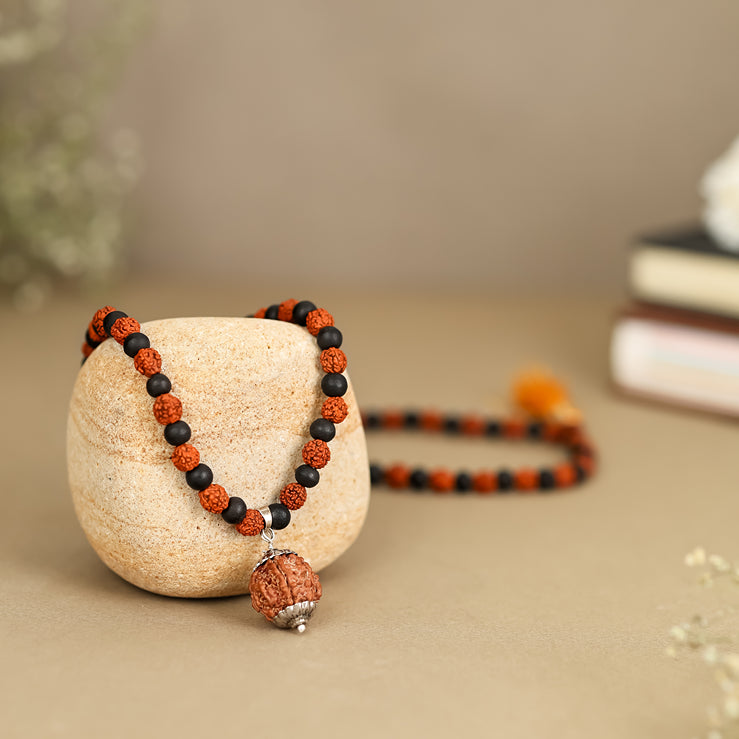Divine Karungali & Rudraksha Mala with Sacred Mukhi Rudraksha